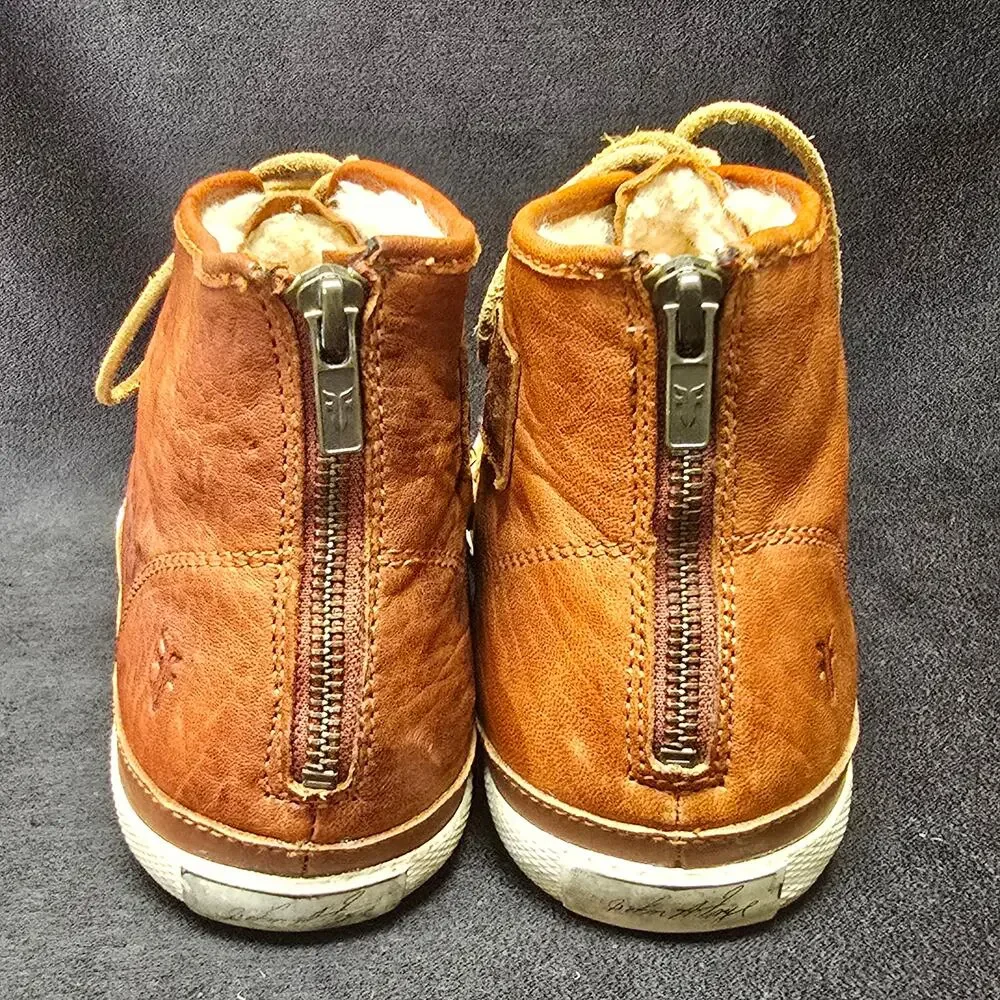 Frye Sheepskin Brown Leather High Top Zip Back Ankle Booties Sneakers Shoes